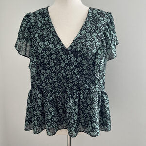 Womens Top Large Black Green Floral Wrap Boho Whimsigoth Cottage Dark Fairy